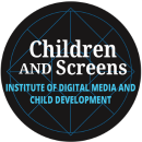 geometic lines behind children and screens text