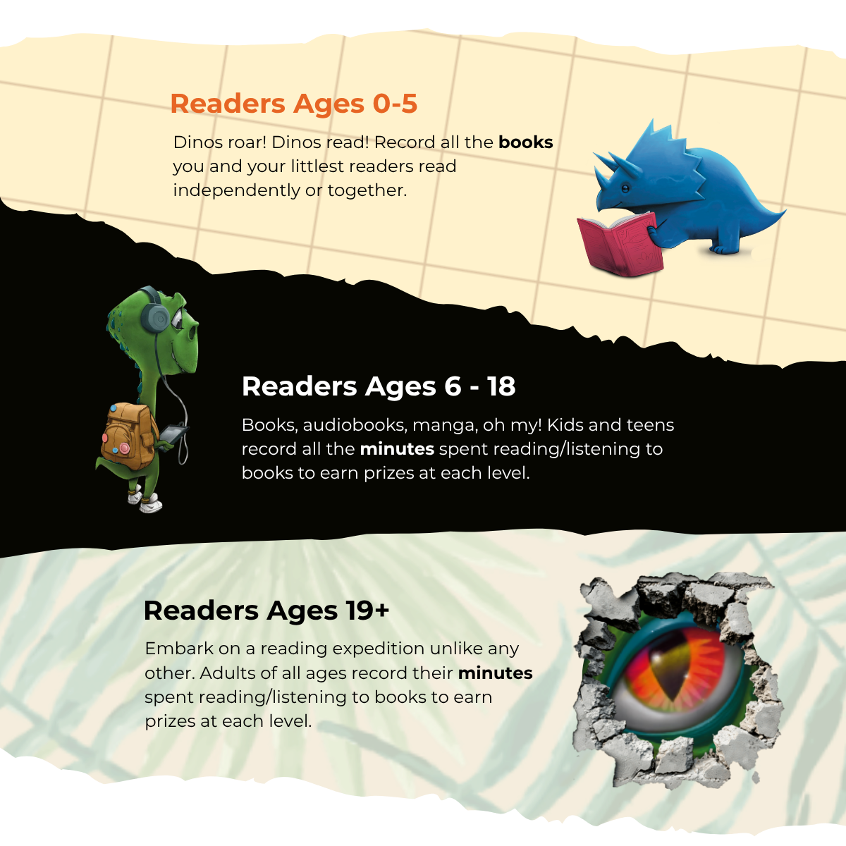 Readers age 0-5 log books, while readers ages 6+ log minutes!